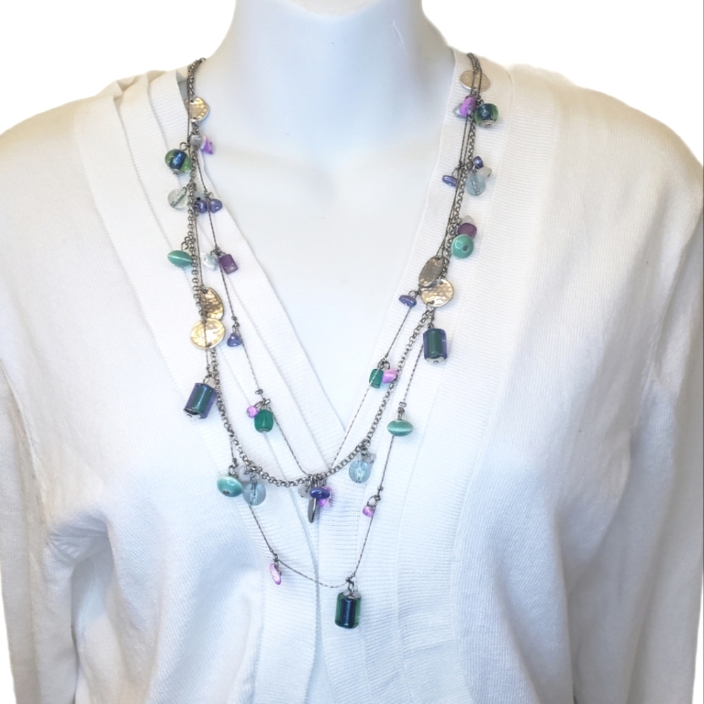 Christopher & Banks Silver Tone Layered Multicolored Bead Necklace